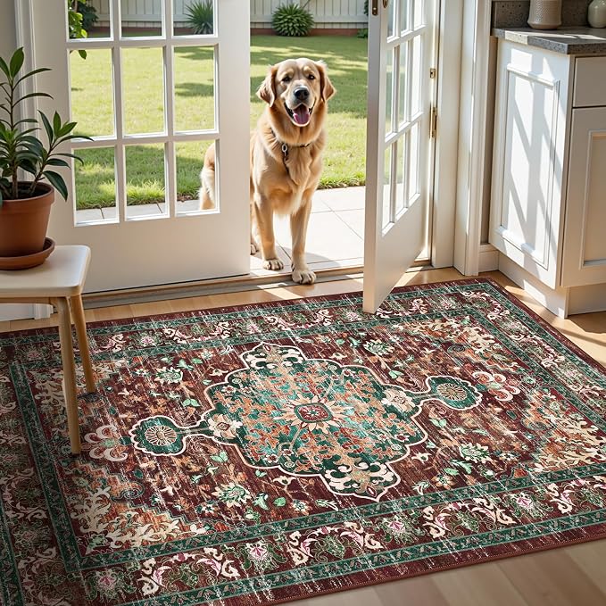 U'Artlines Boho Vintage Area Rug 3x5 Machine Washable Carpet, Rust＆Teal | Low Pile, Non Slip, Ultra-Thin Soft Floor Carpet, Accent Rug for Living Room Bedroom Entryway Dining Room Office