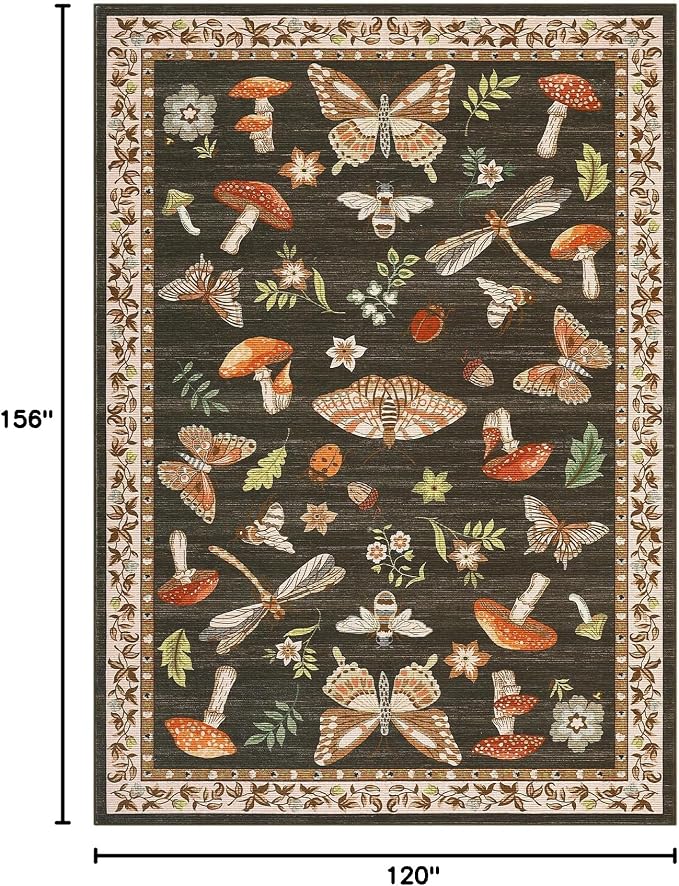 Mushroom 10x13 Area Rug for Living Room Washable Non Slip Forest Soft Low-Pile Stain Resistant Thin Large Throw Carpet for Bedroom Dining Room Office Brown