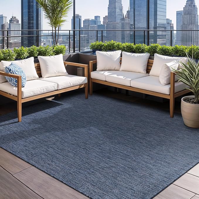 Beverly Rug Indoor Outdoor Rug 10x14, Washable Outside Carpet for Patio, Deck, Porch, Solid Modern Area Rug, Water Resistant, Azure Blue