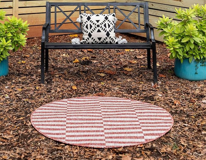 Unique Loom Outdoor Collection Classic Stripes, Transitional Indoor & Outdoor Area Rug, Rectangular 4' 0" x 4' 0", Red/Ivory