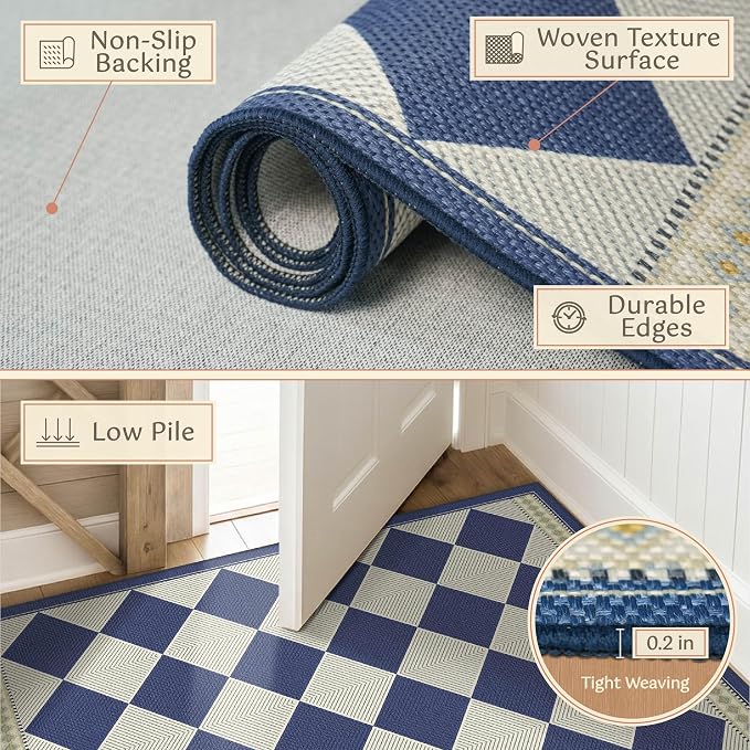 Diamond Checkered Easy Jute 3x4 Navy Blue Indoor Outdoor Rug, Washable Non Slip Boho Coastal Area Rugs for Entryway, Modern Minimalist Patio Porch Floor Mat, Kitchen Bathroom Balcony Decor