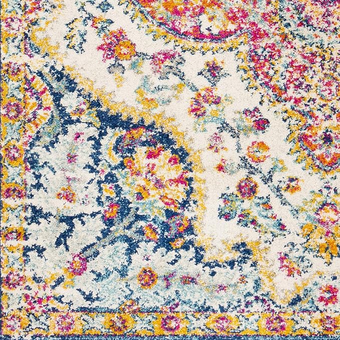 Livabliss Area Rugs - 8x8 Romaine Vintage Boho Fuchsia Mustard Blue Square Area Rug for Living Room Bedroom - Floral Medallion Stain Resistant Carpet for Kitchen, Nursery, Office (7'10" Square)