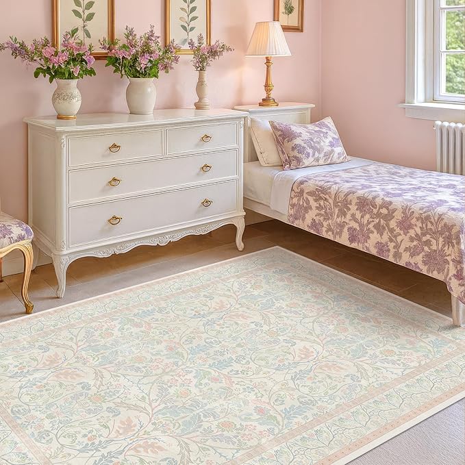 Washable Blue and Pink Rug 5x7 - Baby Girls Nursery Rug Non Slip, Soft Pastel Kids Playroom Decor Carpet, Light Blue and Green Oushak Floral Bedroom Living Room Dorm Carpet (Green and Pink)