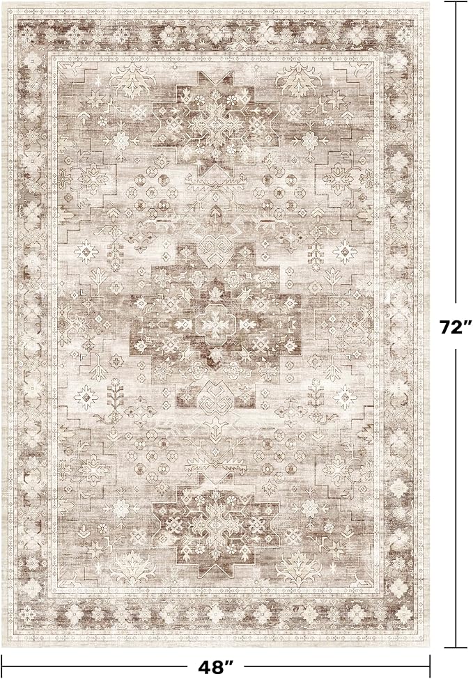 Washable Neutral Farmhouse Living Room Rug, 4x6 Area Rugs for Bedroom, Nursery Room, Boho Vintage Floral Non-Slip Rug Low Pile Stain Resistant (4x6 Beige/Latte)