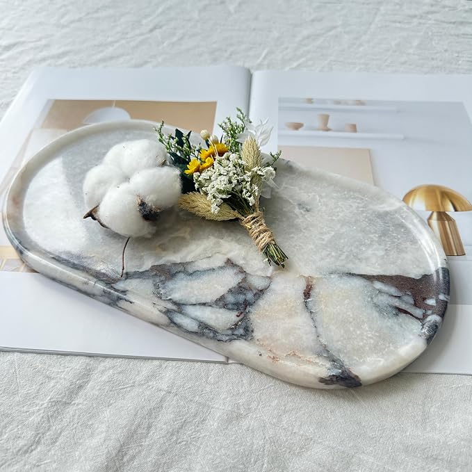 Luxury Natural Calacatta Viola Marble Tray for Jewelry, Perfume, Soap | 12x6 Inch Marble Vanity Organizer, Hand-Polished Catchall for Bathroom, Kitchen, & Coffee Table - Unique Decorative Plate