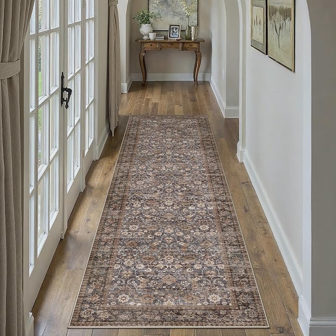 HUGEAR 2x10 Runner Rug Machine Washable Tradition Brown Hallway Area Rugs Indoor Accent Rugs Floral Low Pile Carpet Distressed Throw Rug Bedroom Living Room Office Dining Kitchen Laundry Non Slip
