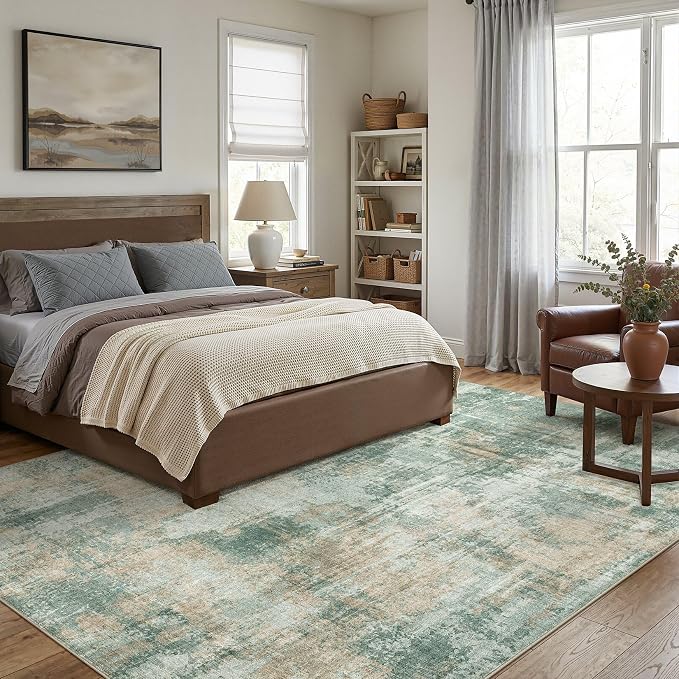DMOYEST 8x10 Area Rug for Living Room Washable Abstract Indoor Carpet | Neutral Modern Low Pile Rugs Kid & Pet Friendly Large Soft Thin Carpet for Bedroom Dining Room and Office - Green