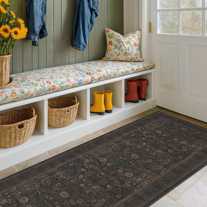 Washable Wide Hallway Runner Rug 2'6"x10' - Non Slip 10ft Long Floral Runner Rugs for Kitchen Entryway Indoor Farmhouse Botanical & Sunflower Accents (Brown and Black)