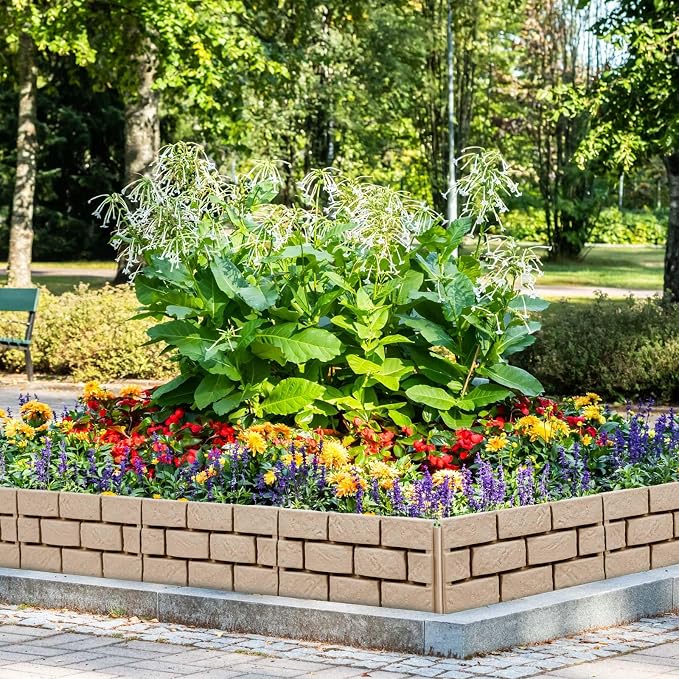 Landical 12 Pcs Imitation Stone Garden Fence, Faux Stone Retaining Wall Look Garden Bricks Border with Ground Stakes, 17.3 x 12.6 in Gray Plastic Edging Blocks for Flower Beds, Lawn, Mulch (Yellow)