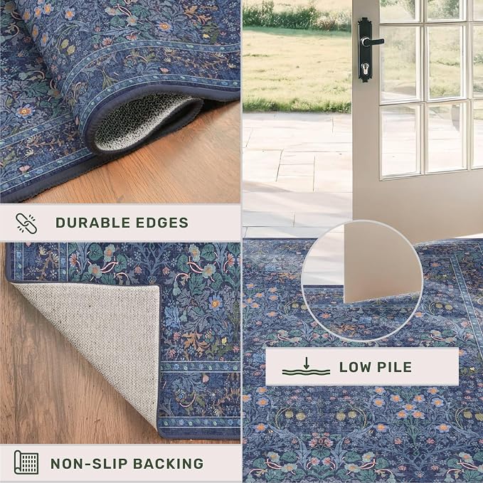 Non Slip 2x10 Dark Blue Hallway Runner - 10ft Long Runner Rugs, Washable Kitchen Floor Mat - Vintage Navy Floral Design Décor