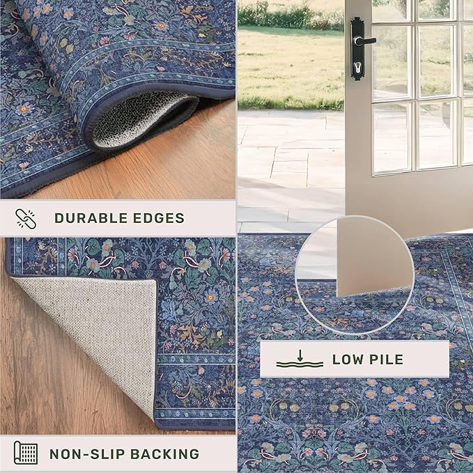 Vintage Dark Blue Living Room Rug, 7x10 Washable Large Area Rugs for Bedroom, Dining Room Rugs Under Kitchen Table, Oriental Navy Blue Low Pile Stain Resistant Non-Slip