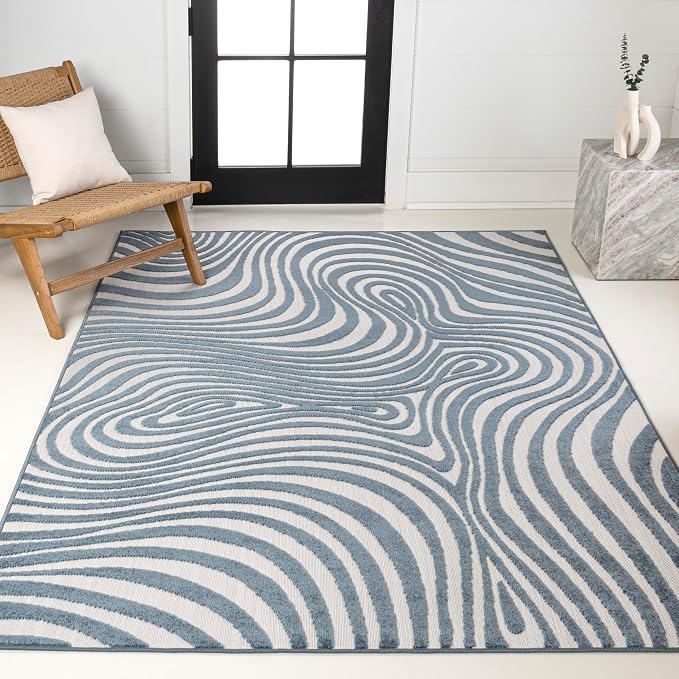 JONATHAN Y Maribo High-Low Abstract Striped Dark Blue/Cream 3x5 Indoor/Outdoor Area Rug for Patio, Backyard, Living Room, Bedroom, Office, Hose-Washable (SCN103E-3)