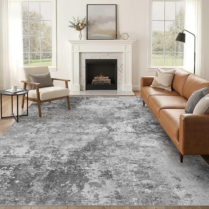 Nakagishi 12X15 Abstract Washable Area Rugs for Living Room-Grey | Modern Non-Slip Silicone Backing Low Pile Soft Carpet for Bedroom Dining Decor Ideal for Families with Kids and Pets