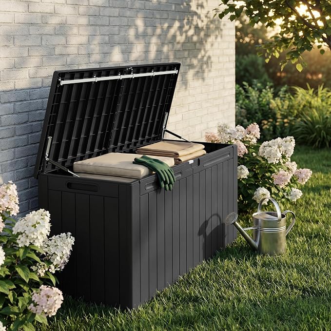 110 Gallon Deck Box Outdoor Indoor Waterproof Storage Box for Patio Furniture, Pool Accessories, Garden Tools, and Cushion Storage, Black