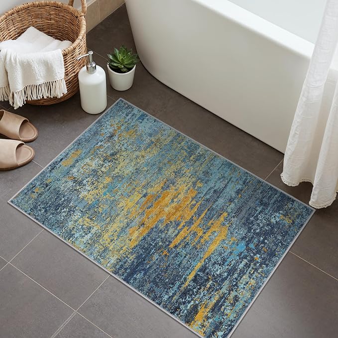 BEIMO 2x3 Washable Doormat Rug for Entryway, Wave Abstract Blue Orange | Soft Machine Washable Modern Area Rug,Streaks Pattern Non Slip Indoor Small Carpet for Entrance,Bathroom, Bedroom