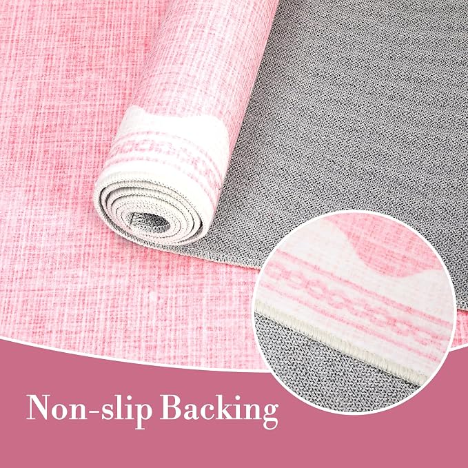 2.5x8 Scalloped Runners Pink Washable Hallways Bedroom Rug | Solid Non Slip Scalloped Bath Runner, Rugs for Bedroom Girls, Rugs for Kitchen Floor Soft Dorm Nursery Carpet for Bedside