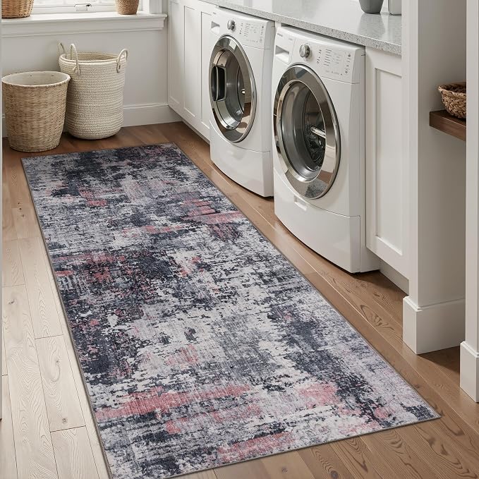 Sasttie 2x8 Runner Rug, Modern Abstract Hallway Carpet, Black & Pink | Machine Washable, Ultra-Soft Faux Wool, Low Pile, Non-Slip, Thin, for Entrance, Entryway, Kitchen & Laundry Room