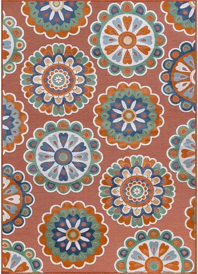 Outdoor Rug 9x12 Washable Area Rugs Indoor Outdoor Carpets Orange Bohemian Medallion Non Shedding Waterproof Easy Clean Patio Deck Porch Living Room Bedroom Garden RV (9 X 12 Orange)