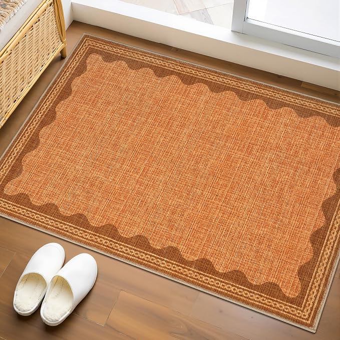 GarveeHome Scalloped Orange Door Mat Indoor Rugs for Entryway Small Rug 2x3 Washable Non-Slip TPE Backing Modern Minimalism Soft Low-Pile Throw Carpet for Bedroom Kitchen Bathroom