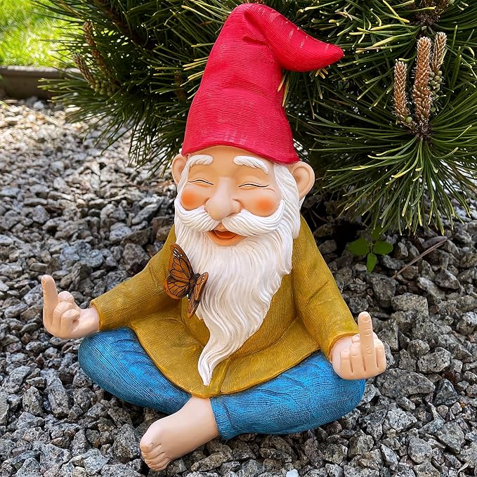 Mood Lab Zen Garden Gnome - Relaxed Yoga Gnome with Middle Finger - 9.25 Inch Tall Outdoor or Indoor Decor