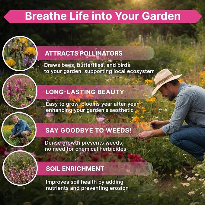 Organo Republic 21 Annual Wildflower Seeds Mix for Indoor & Outdoors. 100,000+ Non-GMO, Heirloom Wildflower Garden Seeds, 4oz Packet for Growing Wild Flowers to Attract Bees, Butterflies & Birds