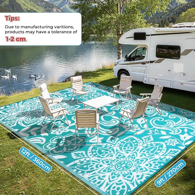 Findosom Waterproof Outdoor Rug 9' x 12' - Reversible Mandala Outdoor Plastic Straw Rug, Durable Foldable Patio Rug for RV, Deck, Balcony, Backyard, Picnic, Porch, Camping, Beach, Blue