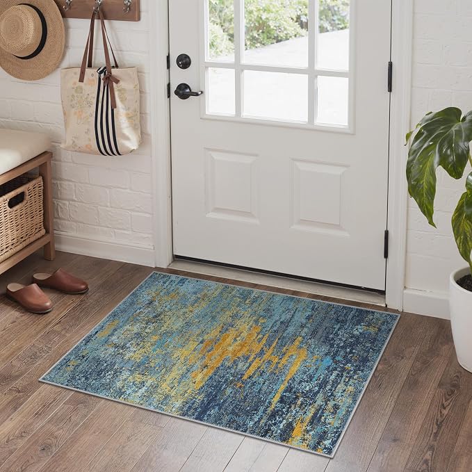 BEIMO 2x3 Washable Doormat Rug for Entryway, Wave Abstract Blue Orange | Soft Machine Washable Modern Area Rug,Streaks Pattern Non Slip Indoor Small Carpet for Entrance,Bathroom, Bedroom
