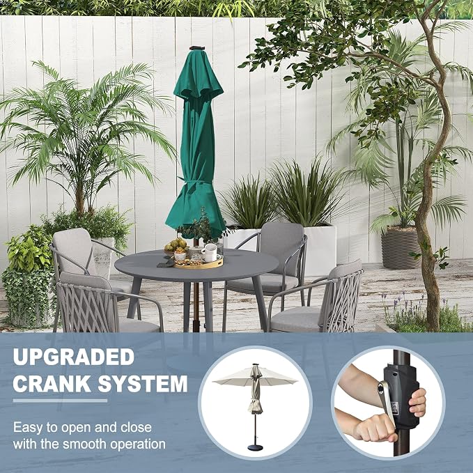 EliteShade USA 10-Year-Non-Fading 10ft Market Patio Umbrella, Commercial Grade Table Sun Umbrella with 80 Solar LED Lights, Crank Open, Windproof & UPF 50+ UV Protection for Garden, Deck, Pool, Backyard, Forest Green