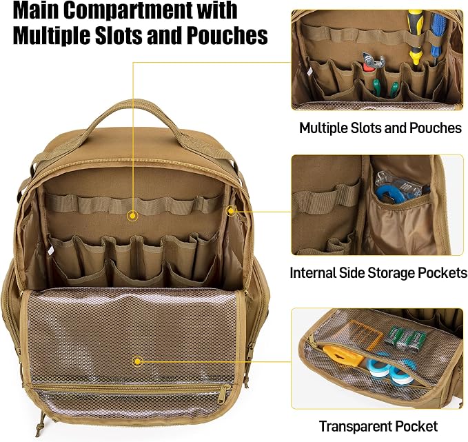 Rexmica Tool Bag Backpack for Men with 3 Tool Pouches, Heavy-Duty Tool Storage Organizer Bag with Padded Shoulder & Waist Support, Tactical Work Tool Bag for Electrician, Repairman, HVAC Techs, Khaki