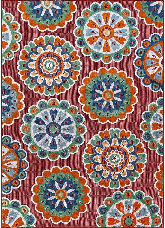 Outdoor Rug 10x14 Washable Area Rugs Indoor Outdoor Carpets Red Bohemian Medallion Non Shedding Waterproof Easy Clean Patio Deck Porch Living Room Bedroom Garden RV (10 X 14 Red)