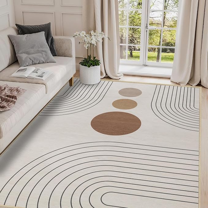 Boho Rug 4x6 Modern Geometric Minimalist Abstract Area Rug for Living Room Neutral Beige Mid Century Modern Contemporary Machine Washable Non-Slip Printed Low-Pile Carpet Dining Room Bedroom Office