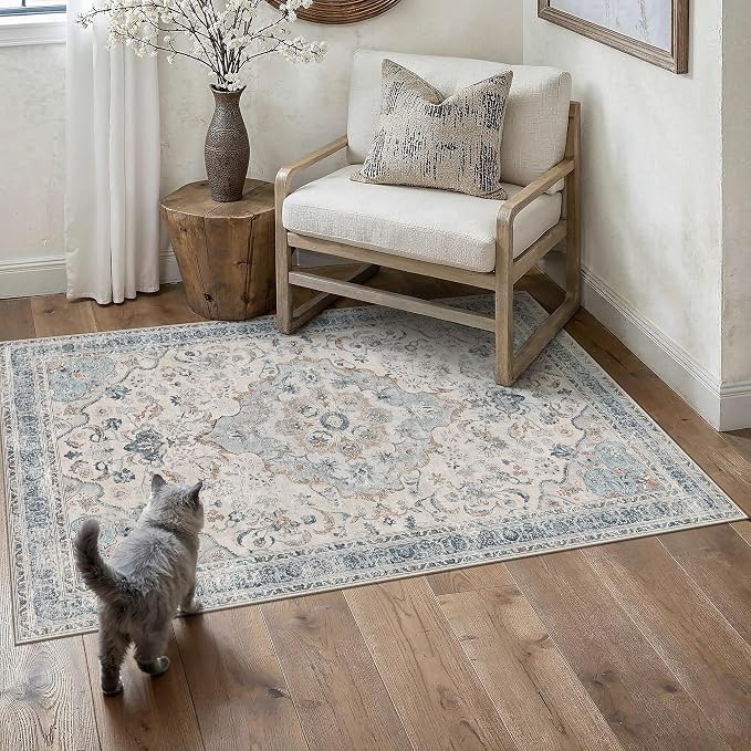 Blue Area Rug 4x6 Living Room Vintage Floral Non-Slip Carpet | Machine Washable, Soft, Low Pile, for Bedroom, Dining Room, Kids Room, Nursery, Office, Retro Neutral Decor