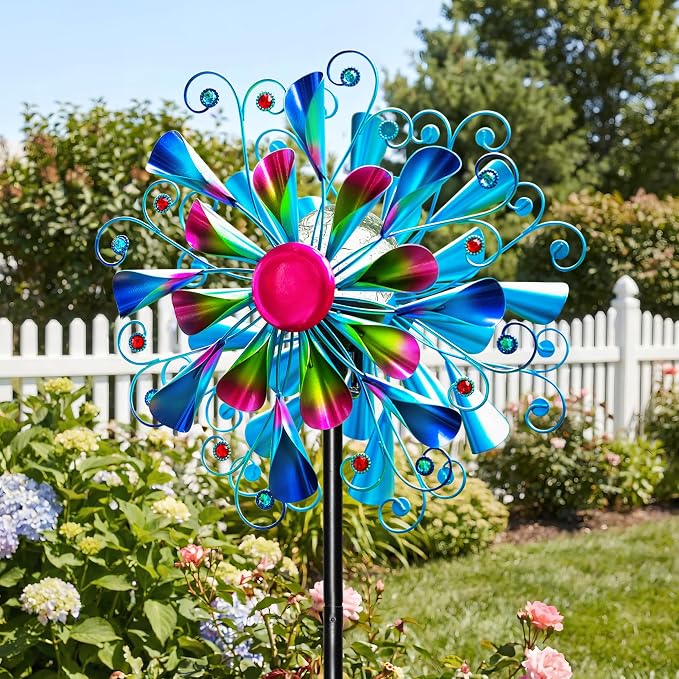 Solar Wind Spinner Outdoor Metal - Peacock Kinetic Garden Sculptures with Color-Changing LED Lights, Waterproof Wind Catchers Yard Art Decor for Patio Lawn, for Women