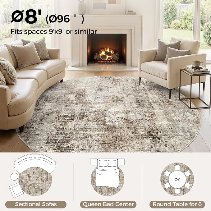 8Ft Round Area Rug Washable Abstract Rugs for Living Room Dark Brown | for Bedroom, Dining Room, Office, Nursery, Soft Neutral, Low Pile Non-Slip, Kid Pet Friendly, Large Indoor Carpet, Home Decor