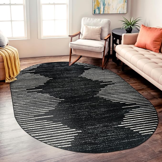 Rugshop Bohemian Stripe Stain Resistant High Traffic Oval Rug Black 5' x 7' | Oval, Size 5' x 7', Living Room, Bedroom, Dining Room, Home Office, Kitchen, Entryway, Hallway, Nursery, Kids Room