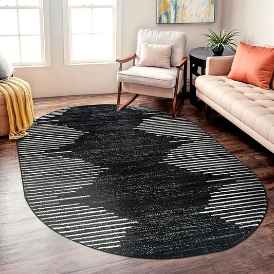 Rugshop Bohemian Stripe Stain Resistant High Traffic Oval Rug Black 5' x 7' | Oval, Size 5' x 7', Living Room, Bedroom, Dining Room, Home Office, Kitchen, Entryway, Hallway, Nursery, Kids Room