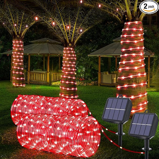 Jnaurb Solar Rope Lights, 2 Pack Total 66ft 200LED Solar String Lights, 8 Modes Waterproof Solar Outdoor Light, Flexible Clear Trampoline Light for Garden Yard Patio Deck Porch Pool Tree Decor - Red