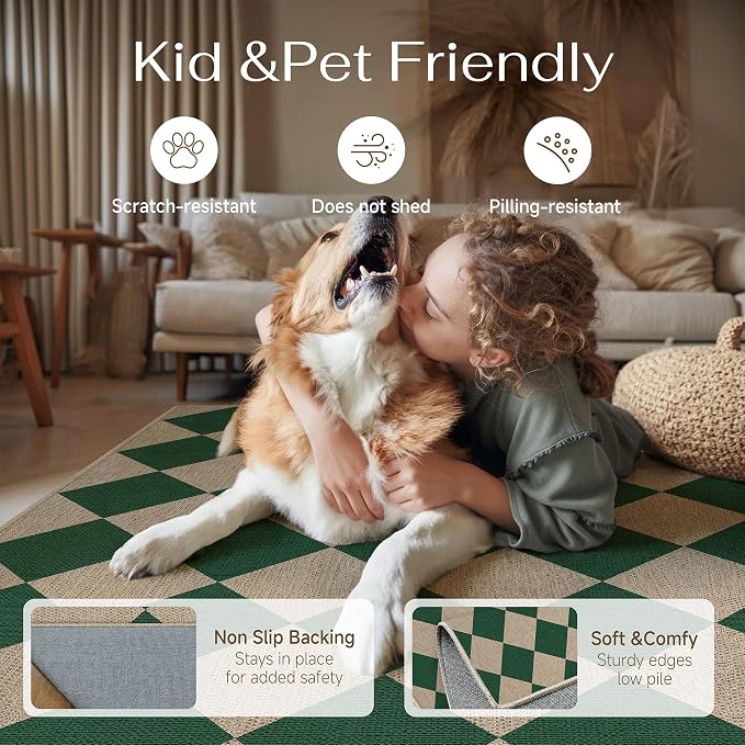 PureCozy 6x9 Checkered Easy Jute Area Rug for Living Room Large Checkerboard Washable Indoor Outdoor Carpet Farmhouse Patio Office Mat Geometric Non Slip Green Carpet for Backyard Dining Room