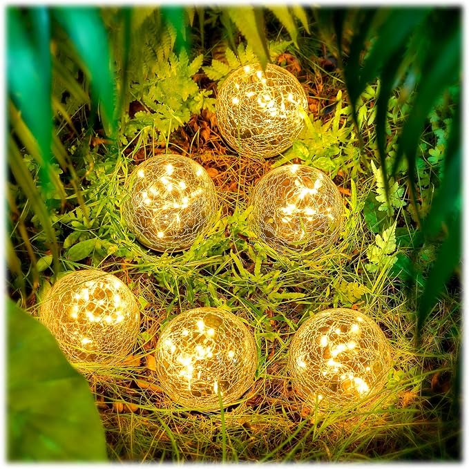 Honoson 3.9 Inch Solar Globe Lights Outdoor - Waterproof Cracked Glass Balls for Lawn Patio Yard Backyard Decorations, Warm Yellow Solar LED Lights with Easy Installation,Durable Design (6 Pcs)
