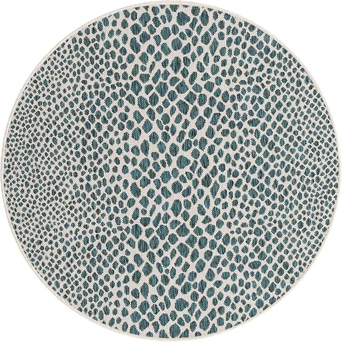 Unique Loom Outdoor Collection Area Rug - Cape Town (4' 1' Round, Teal/ Ivory)