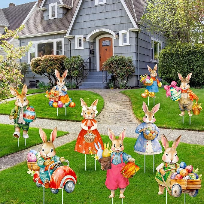 Menkxi 12 Pcs Easter Vintage Bunny Yard Signs Rabbit Lawn Sign Plastic Outdoor Decoration Spring Easter Yard Decor with Stake for Wedding Party Supplies Garden Patio Walkway Home Photo Prop