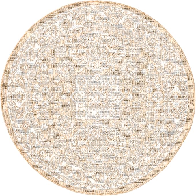Unique Loom Outdoor Aztec Collection Area Rug - Chalca (4' 1" Round, Natural/ Ivory)