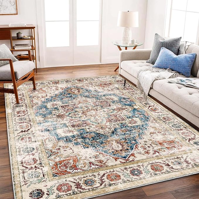 CHAMPLANT Washable Area Rug 10'x14' Beige Blue Boho Chic Medallion Distressed Design Non-Shedding Easy Care Ideal for High Traffic Areas in Living Room Bedroom Office Coffee Table Large Carpet