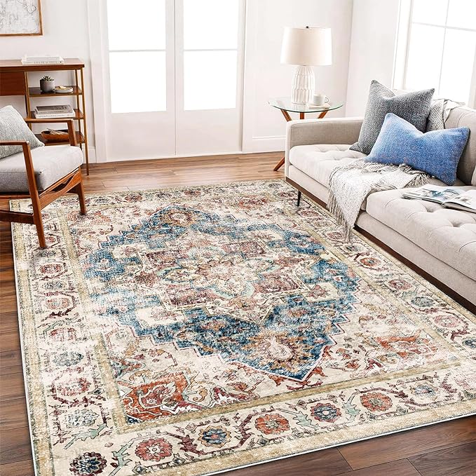 CHAMPLANT Washable Area Rug 5'x7' for Living Room Retro Beige Blue Boho Chic Medallion Distressed Design Indoor Non-Slip Large Persian Oriental Accent Throw Rug for Kitchen Bedroom Office Carpet