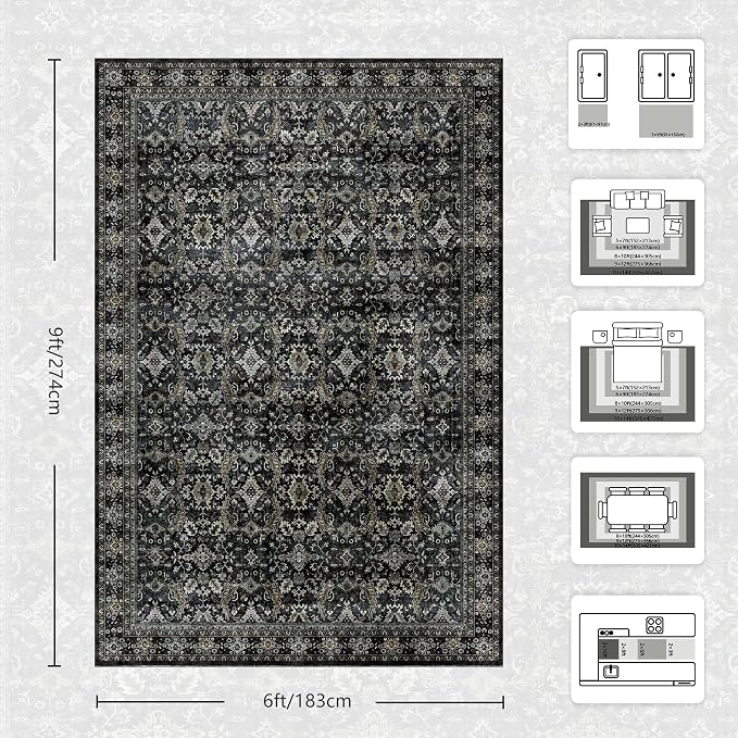 6x9 Area Rugs - Washable Vintage Retro Living Room Rug, Soft Ultra Thin Non Slip Low Pile Traditional Distressed Boho Carpet for Bedroom Dining Room Nursery Home Office, Black Gold