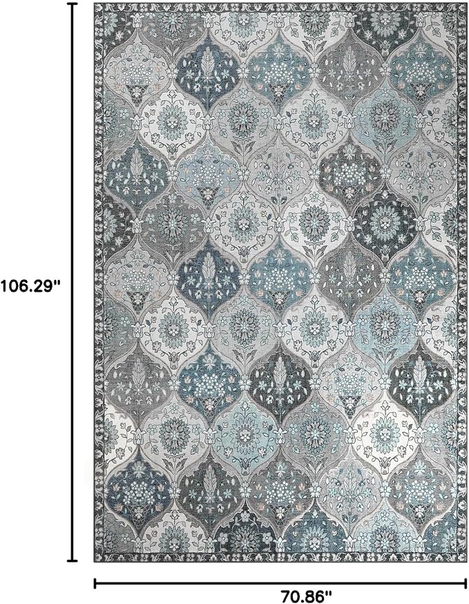 Lahome Moroccan Washable Area Rug 6x9, Large Soft Living Room Bedroom Rugs | Ultra-Thin Oriental Trellis Distressed Non Shedding Throw Carpet for Dining Room Office Elise, Blue