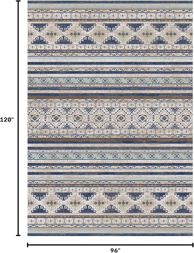 Washable Area Rugs 8' x 10' - 1/6 Thick - Moroccan-Inspired -Stain & Water Resistant Non-Slip - Resistant Rug for Living Room, Bedroom, Nursery, Pet & Child Friendly (Blue and Brown)
