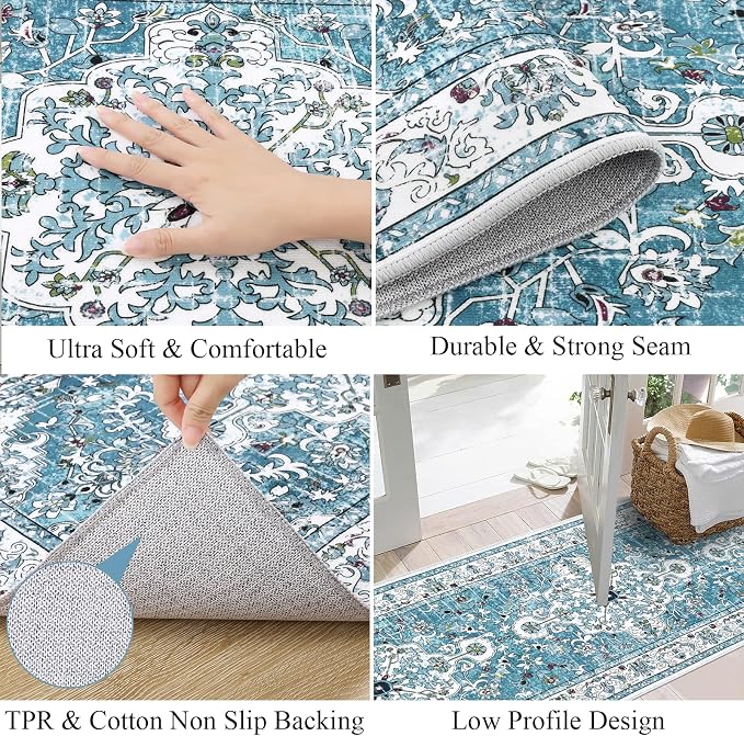 U'Artlines 2' x 12' Boho Hallway Runner Rug, Washable Carpet, Teal | Non Slip, Vintage Farmhouse Accent Area Rug Carpet, for Kitchen Entryway Laundry and Living Room