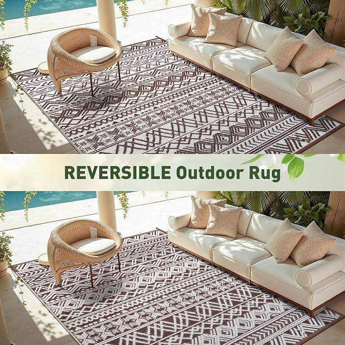 MontVoo Outdoor Rug 8x10 Waterproof Outdoor Patio Rug Mat Reverisble Plastic Straw Outdoor Rug for RV Camping Picnic Beach Balcony Boho Beige Brown