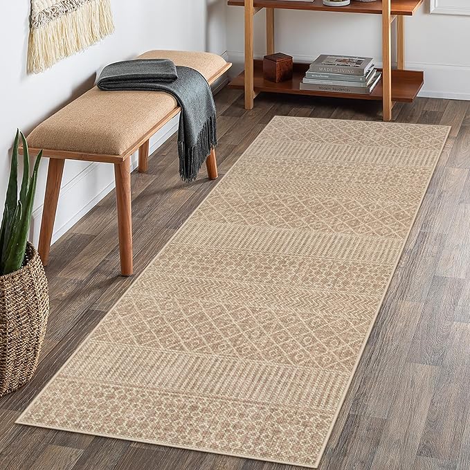Lahome Farmhouse Washable 2x6 Hallway Runner, Non-Slip, Beige/Brown | Boho Textured Neutral, Low-Pile, Geometric Pattern, Modern, Moroccan, Entryway Hallway Runner Kitchen Bathroom Laundry Room